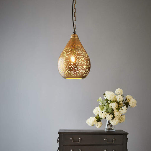 Buy Pendant Lights Australia Aquarius Small 1 Light Perforated Teardrop Pendant Brass - ZAF10419