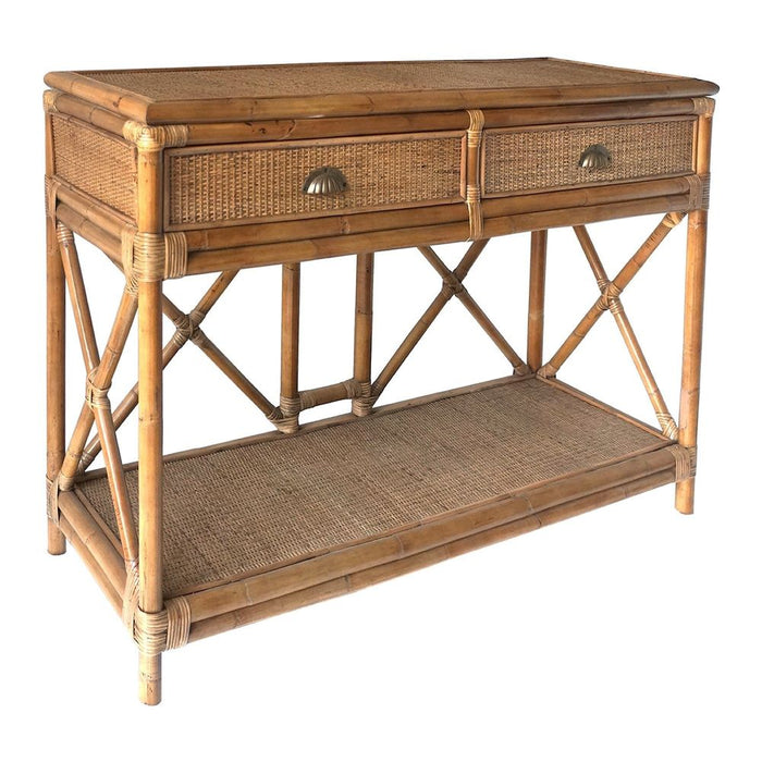 Cayman Rattan 2 Drawer Hamptons Console Table Natural - OWEJ0041