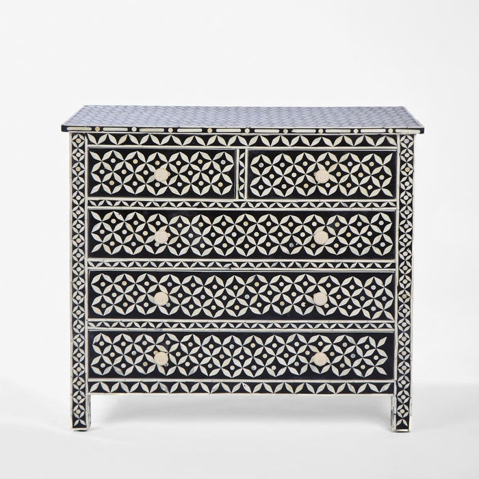Stella Bone Inlay Chest of 5 Drawers Black & White - FUR0193