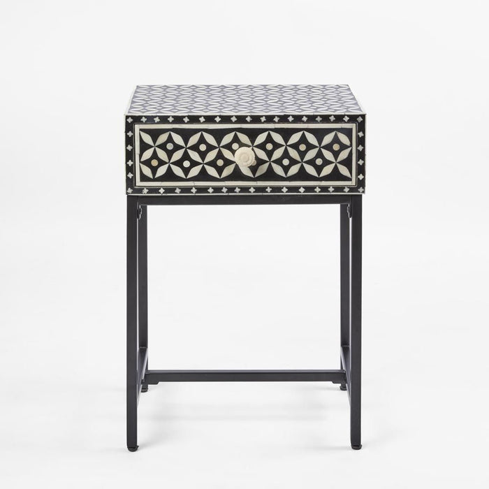 Stella Bone Inlay Bedside Table Black & White - FUR0190