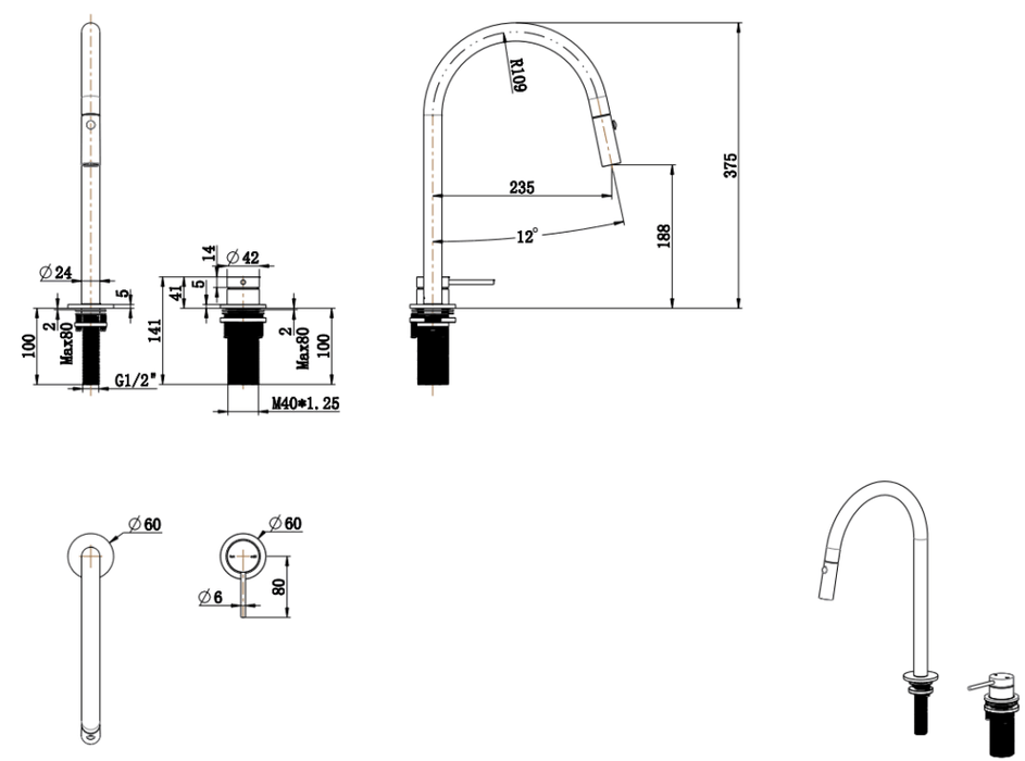 Mica Pull-Out Hob Mixer Set Brushed Nickel - HSK-5-PO-BN