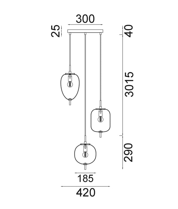 Pino 3 Light Pendant Iron & Glass Smokey Black - PINO8X3R