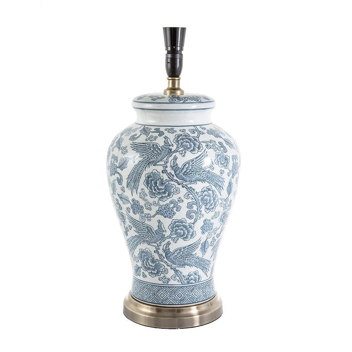 Buy Table Lamps Australia Aviary Glazed Bird Motif Ceramic and Metal Urn Table Lamp Base Only - Blue/White - ELJCC12549