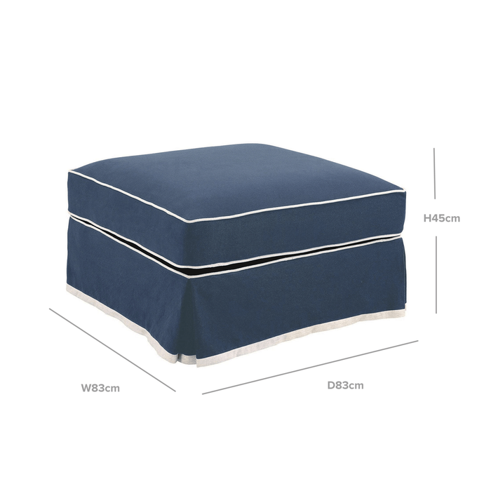 Noosa Hamptons Ottoman Slip Cover With White Piping & Navy - OWFL0107NV-C