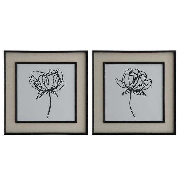 Sketched Flowers in Black Frame with Linen Insert Set of 2 Wall Art Ivory - OWHM1168