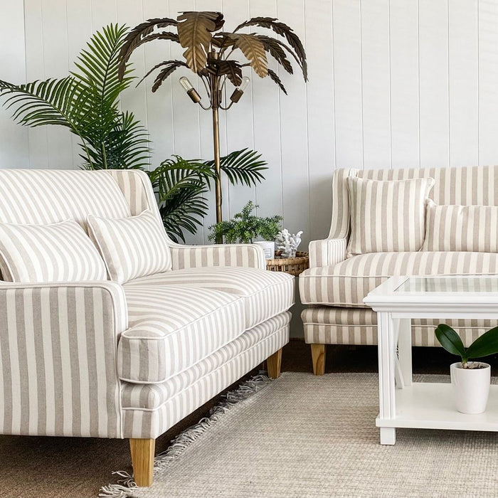Bondi Hamptons 2 Seat Sofa Stripe With White Piping Natural - OWFL0227NS-2