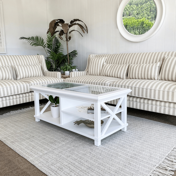 Bondi Hamptons 3 Seat Sofa Stripe With White Piping Natural - OWFL0227NS-3