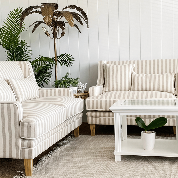 Bondi Hamptons 3 Seat Sofa Stripe With White Piping Natural - OWFL0227NS-3