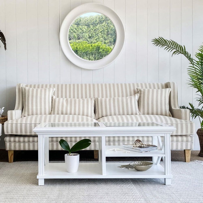 Bondi Hamptons 3 Seat Sofa Stripe With White Piping Natural - OWFL0227NS-3