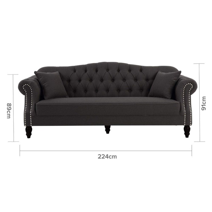 Vaucluse Buttoned 3 Seat Sofa Charcoal With Studs Grey - OWFL0246CH-3