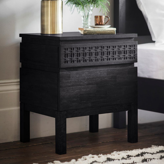Boho Boutique Wood Bedside 2 Drawer Black - GDFUR0186