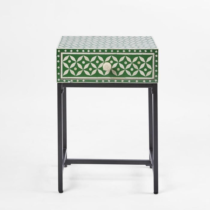 Stella Bone Inlay Bedside Table Green & White - FUR0191