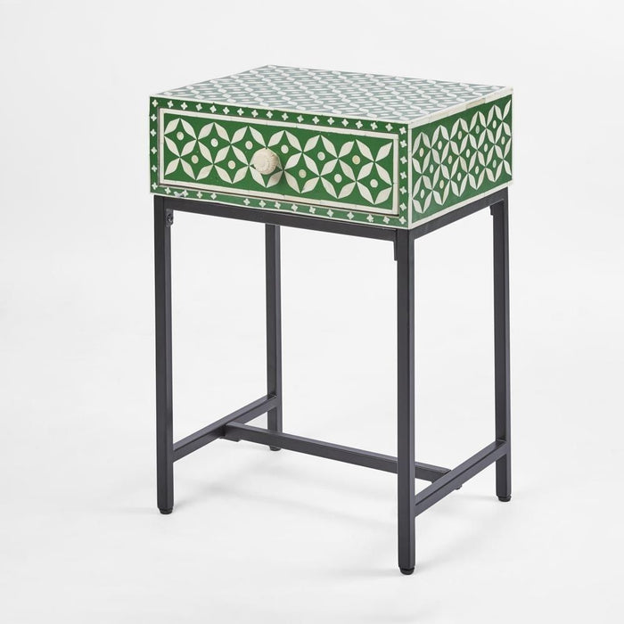 Stella Bone Inlay Bedside Table Green & White - FUR0191