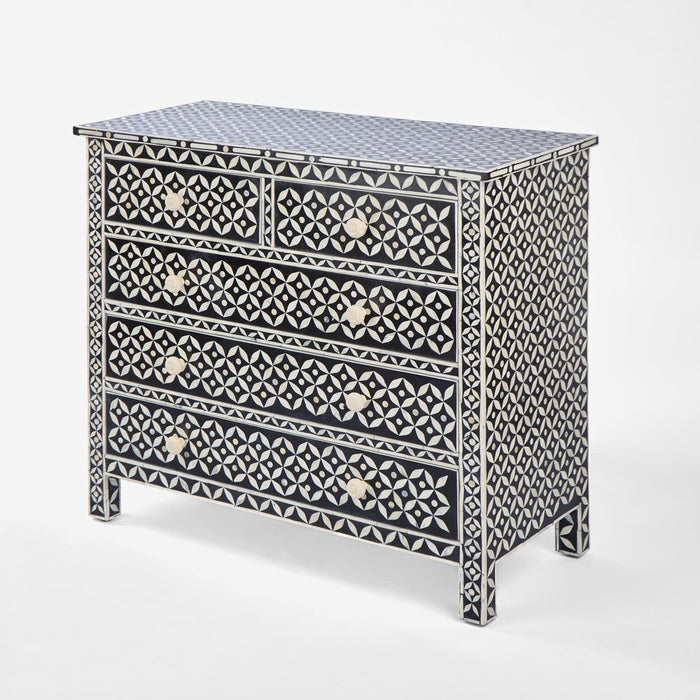 Stella Bone Inlay Chest of 5 Drawers Black & White - FUR0193