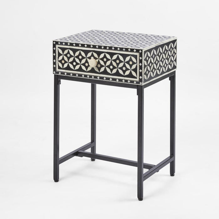Stella Bone Inlay Bedside Table Black & White - FUR0190