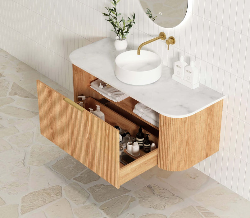 Bondi Fluted 1200mm Wall Hung Curve Vanity Woodland Oak - BOW1200L