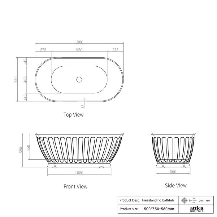 Kensington Acrylic Free Standing Bath Matte White - AKBT-1500-MW
