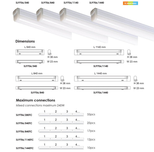 Buy LED Batten Lights Australia Slimline Seamless TC Linkable LED Batten 13W TRI Colour - SL9706/840TC