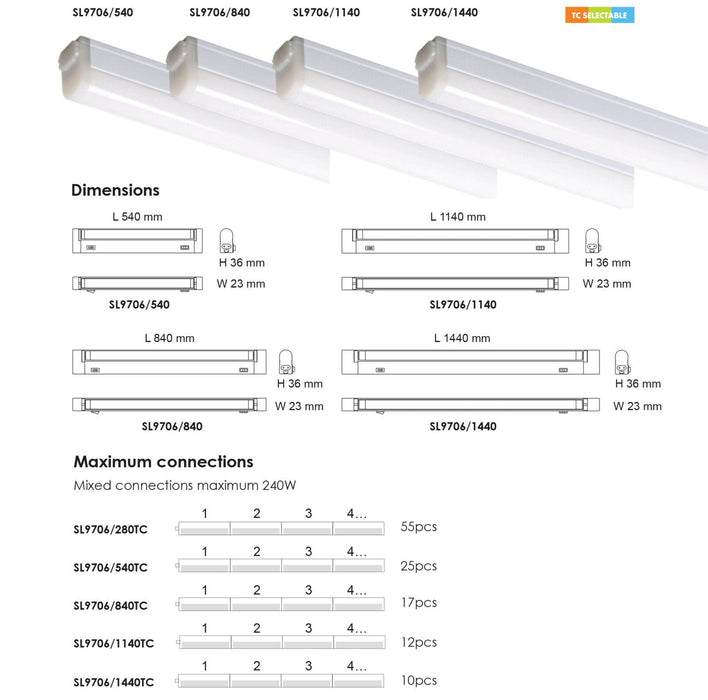 Buy LED Batten Lights Australia Slimline Seamless TC Linkable LED Batten 9W TRI Colour - SL9706/540TC